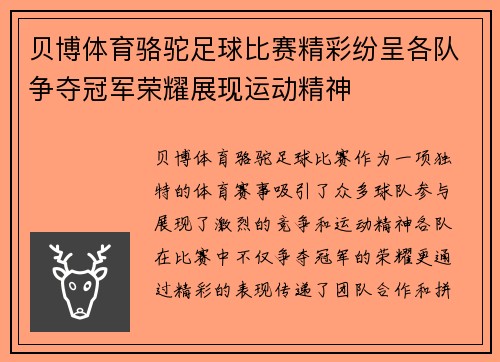 贝博体育骆驼足球比赛精彩纷呈各队争夺冠军荣耀展现运动精神